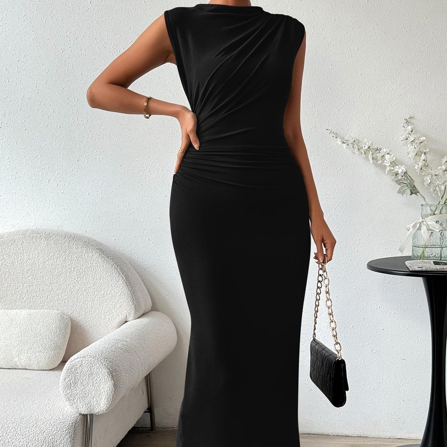 Laaxiv™ “GraceLine” Pleated Slit Maxi Dress