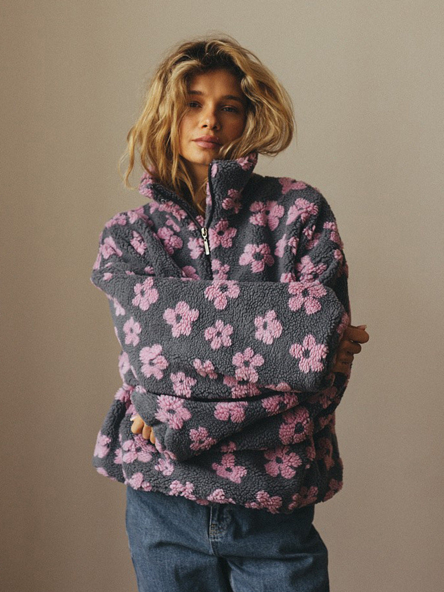 Laaxiv™ “BloomHaven” Floral Fleece Pullover